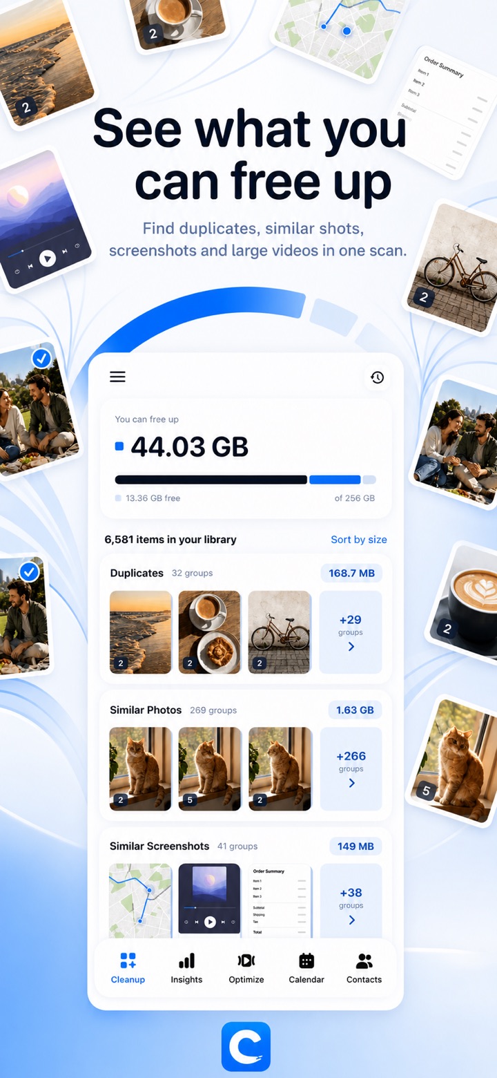Cleanup home screen showing 44.03 GB that can be freed, with duplicates, similar photos and similar screenshots grouped for review.