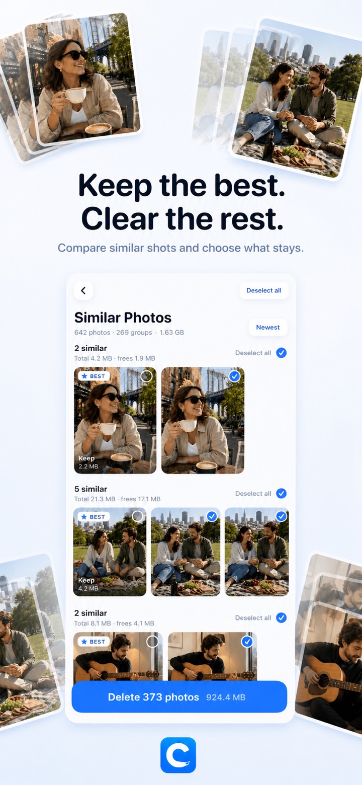 Similar Photos screen comparing near-identical shots, with the best one marked Keep and the rest selected for deletion.