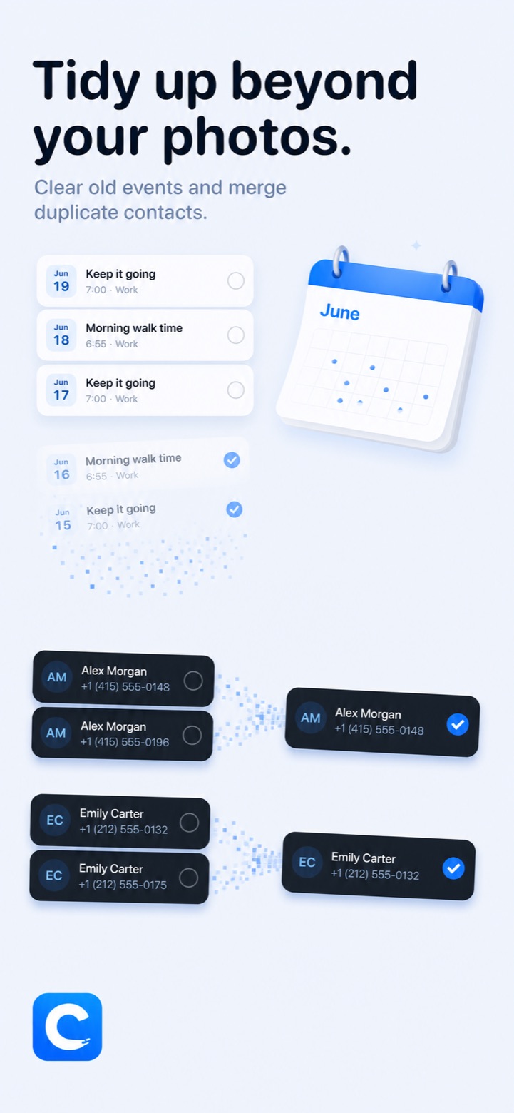 Old calendar events being cleared and duplicate contacts being merged into a single entry.